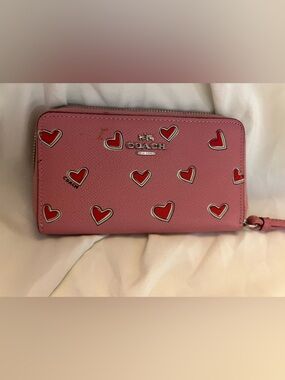 Coach Pink Wallet with Red Heart Motif